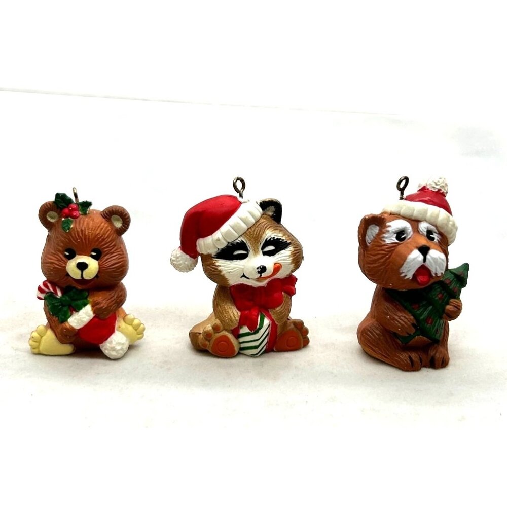 Vintage Christmas Critters 2" Ornaments Ceramic Raccoon Dog Bear
